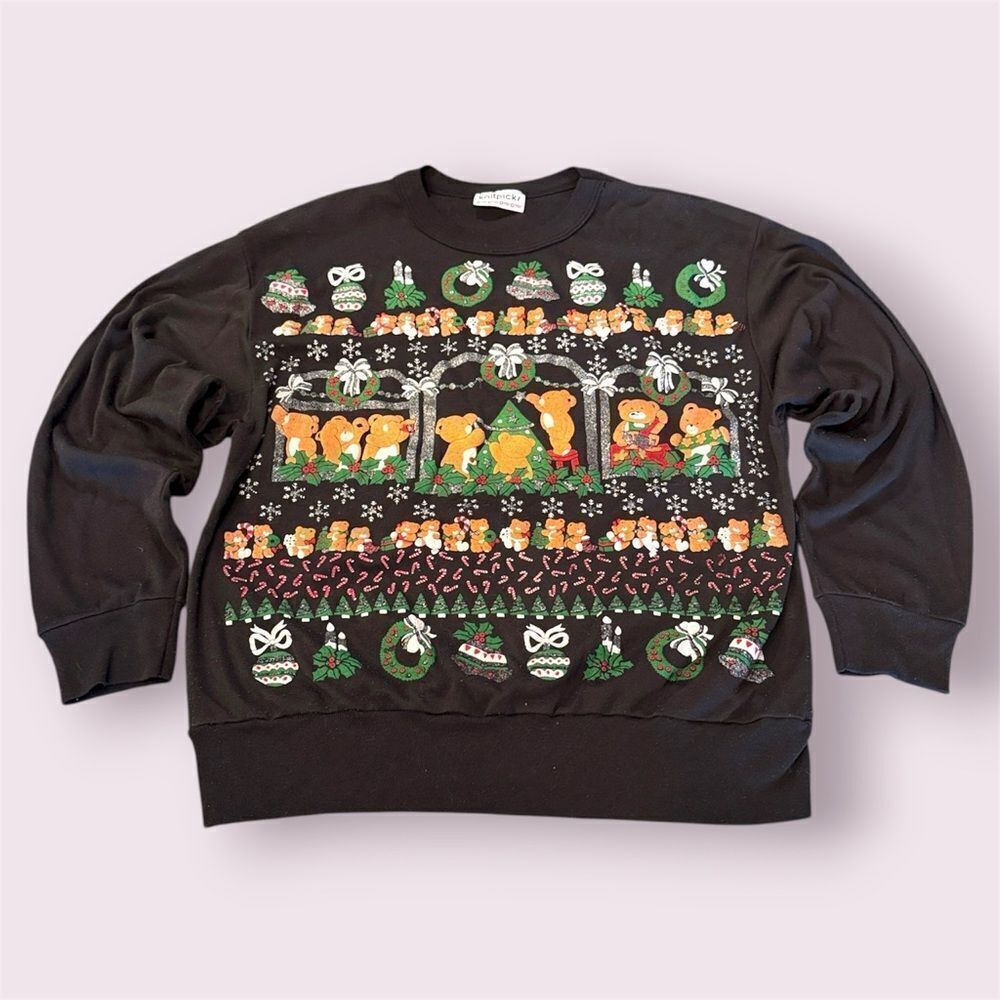 KNITPICKS Vintage 80s Glitter Puff Paint Teddy Bear Holiday Christmas Sweatshirt
